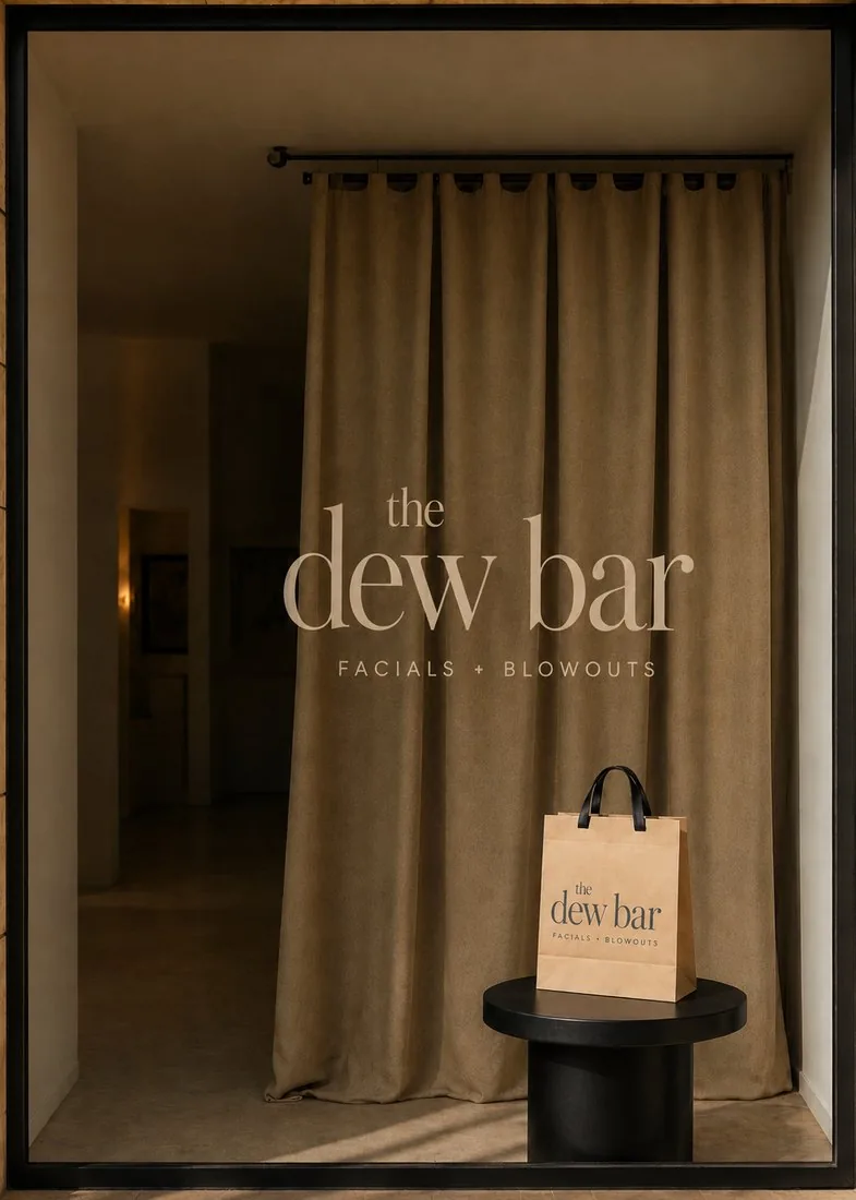 The Dew Bar studio window, facials + blowouts